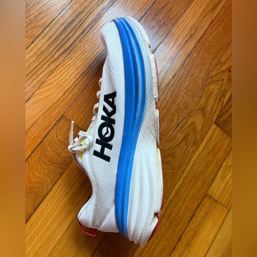 HOKA Bondi 8 Men’s Running Shoes Size 12.5 D Blue/White Worn Heel Damage - Picture 7 of 11